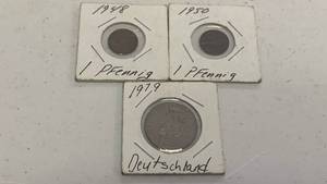 lot 43 image: Lot of 3 Foreign Coins - German 1 Pfennig 1948 and 1950, 2 Deutschland 1979