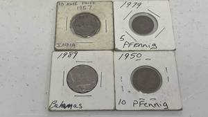 lot 45 image: Lot of 4 foreign Coins - India Paise 1957, Pfennig 1979 and 1950, Bahamas 1989