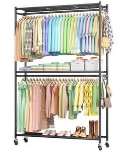 lot 60705 image: Sakugi Clothes Rack - 45.2 x 12.2 x 79.5 Clothing Rack with Shelves & Wheels, Multi-Functional Wardrobe Closet with Hooks, Sturdy Metal Garment Rack for Bedroom, Laundry, Balcony (Black) - Retail $90