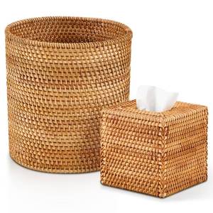 lot 5267 image: Teenyyou Log Color 2 Pcs Rattan Trash Can & Square Tissue Box Cover, Rattan Hand Woven Basket Set Wicker Bathroom Accessories for Bedroom Kitchen Office Organizer - Retail $57