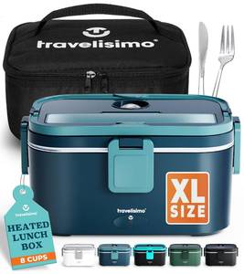 TRAVELISIMO Extra-Large Electric Lunch Box For Adults Holds up to 8 Cups - 100W Heated Lunch Box For Men 1.8L, Portable Food Warmer for Travel & Work, Loncheras Electricas Para Calentar Almuerzo - Retail: $40