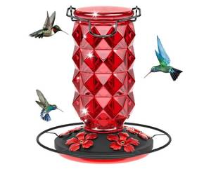 lot 5296 image: Glass Hummingbird Feeders for Outdoors Hanging, 25Oz Bird Nectar Feeder with Perch & 5 Flower Feeding Ports Leak Proof Hanging for Garden Backyard Decor, Gifts for Women Mom, Red - Retail $17
