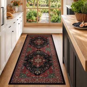 lot 5304 image: RELEANY Area Rugs Runner 2x6 Washable Non-Slip, Floral Vintage Distress Medallion Carpet for Kitchen Hallway Bedroom Beside Laundry Room Bathroom, Red Black - Retail $31