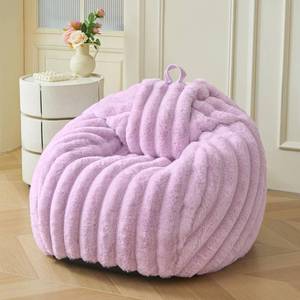 lot 5307 image: MEGO Kids Fluffy Faux Rabbit Fur Bean Bag Chair Cover(No Filler), Light Purple Plush Striped Stuffed Animal Storage Bean Bag, Fuzzy Furry Ribbed Beanbag Cover Kids Girls Adults, Anti-Slip, Lavender - Retail $30