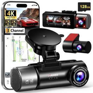 lot 5308 image: 4K2K2K 3 Channel Dash Cam Front and Rear with 128GB Card, Dash Camera for Cars 5.8G2.4G Dual WiFi, Built-in GPS, Night Vision, WDR, 170°Wide Angle, Emergency Lock, 24H Parking Monitor, Deep Black - Retail $24