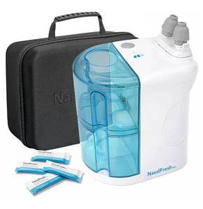 lot 5310 image: NASALFRESH MD Premium Bundle Dual Powered Nasal Irrigation System Nasal Rinse and Wash, Sinus Decongestant Relief System, 60 Saline Packets, Case, Rechargeable, 2 Sets of Nose Pillows Snoring Remedy -USED - Retail $100