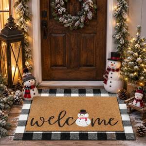 lot 5336 image: Tinideya 2 Pcs Winter Door Mat Snowman Welcome Non Slip Coir Mats Snow Black White Buffalo Plaid Floor Layering Doormats Seasonal for Front Porch Entryway Decor(Snowman) - Retail $30