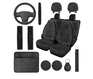 lot 5338 image: 14 Pack Black Leopard Print Car Seat Covers Auto Cheetah Steering Wheel Cover Armrest Cushion Head Rest Protector Seat Belt Covers with Keychain,Universal Fit Accessories Cars SUV Trucks - Retail $30