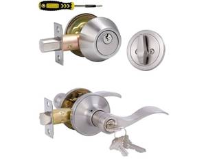 lot 5343 image: Lanwandeng Keyed Alike Front Door Lever Lockset with Single Cylinder Deadbolt Combination Set, Exterior Door Knob with Lock and Deadbolt, Satin Nickel Finished Door Lock - Retail $25