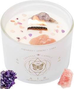 lot 19320 image: Aquarius, Gemini, Libra Gifts for Women - 12oz Wood Wick Candles that Crackle with Crystals and Healing Stones. Healing Crystal Candles for Women Home Scented. Soy Wax, for Zodiac Birthdate - Retail $30