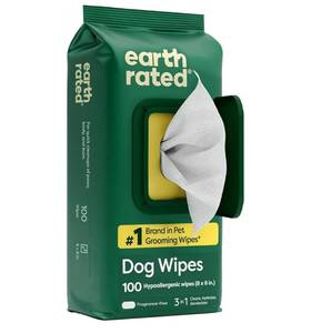 lot 19327 image: Earth Rated Pet Wipes for Dogs and Cats, Hypoallergenic, 3-in-1 Cleaning, Deodorizing and Hydrating, for Grooming Paws, Body and Butt, Unscented, 100 Count - Retail $10