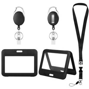lot 19337 image: ID Badge Holders and Retractable Reel Clips,Lanyard with Release Buckle, Key Card Holder Nametag Protector (Black-2, Double-Sided Clear(Horizontal)) - Retail $7