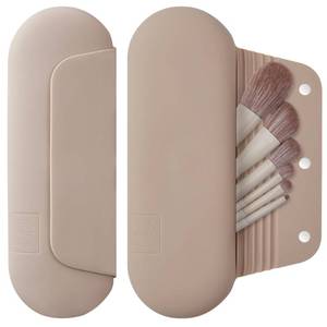 lot 19348 image: AGIKET Silicone Makeup Brush Holder Travel Cosmetic Bag Soft Portable Cosmetic Face Brushes Holder with Upgrade Anti-Fall Out Magnetic Closure, Large Travel Makeup Brush Case - Walnut - Retail $13