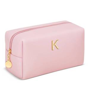 lot 19350 image: KKXIU Initial Makeup Bag for Women - Personalized Birthday Gifts Cosmetic Travel Toiletry Bag with Waterproof Soft PU Leather Customized Gifts for Friend Teacher Bridemaid (K, Pink) - Retail $14