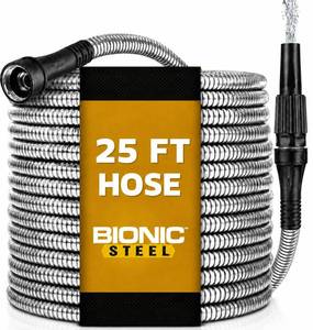 lot 19371 image: BIONIC STEEL 25 Ft Metal Garden Hose with Sprayer Nozzle - Retail $19