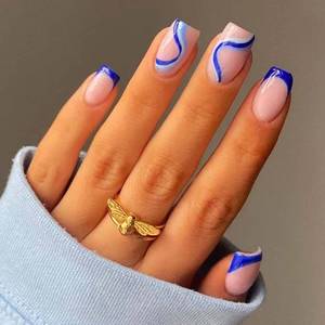 lot 19372 image: DANMANR Square Press on Nails Short Fake Nails French Acrylic Full Cover False Nails for Women and Girls 24PCS (Blue) - Retail $8