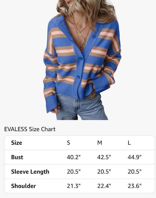 lot 13893 image: EVALESS Womens Striped Cardigan Sweaters Trendy Lightweight Chunky Knit Cropped Sweaters Outfits Outerwear Coats Beige Pink Blue Large - Retail $20