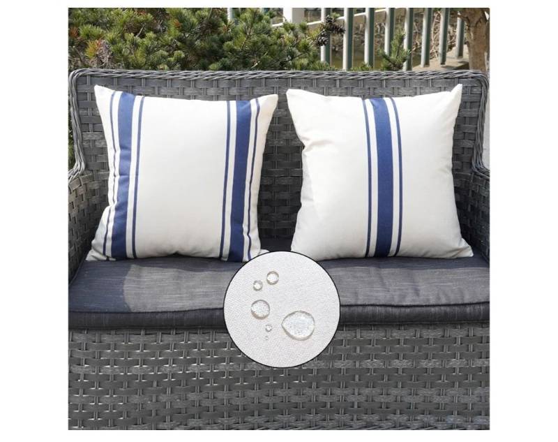 lot 13928 image: ONWAY Outdoor Pillow Covers Waterproof 20x20 Set of 2 Decorative Linen Throw Pillow Cover Beige and Navy Blue Striped Outdoor Pillows for Patio Furniture - Retail $14