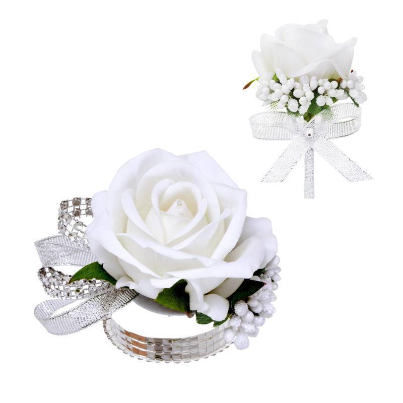 lot 13688 image: Vkkperp 2Pcs White Rose Corsage and Boutonniere Set, Corsage Wristlet Band for Prom Decorations, Artificial Boutonniere for Men Wedding Party Suit Flower Accessories - Retail $8