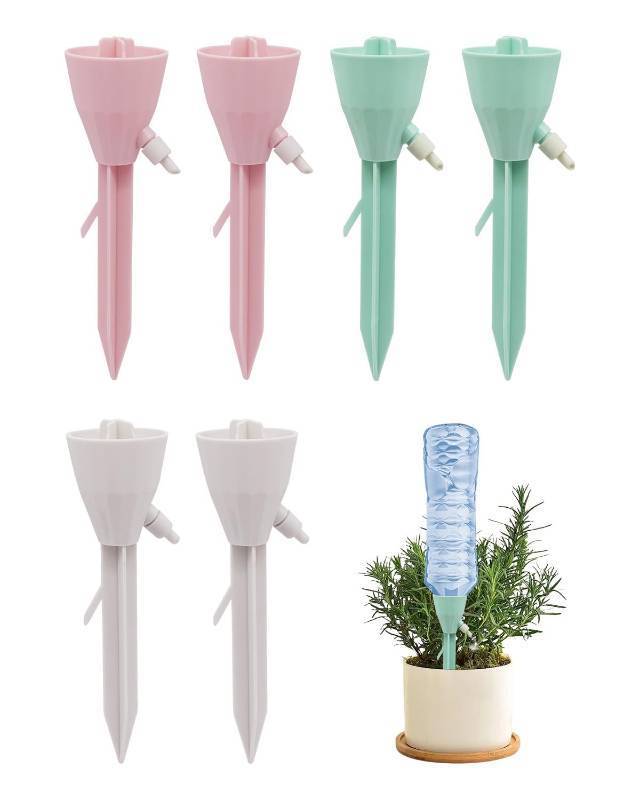 lot 13719 image: MYMULIKE 6 Pack Self Watering Planter Drip, Automatic Drip Irrigation Stakes with Adjustable Valve, Adjustable Water Flow System, Self Watering Planter Insert Devices for Indoor and Outdoor Plants - Retail $7