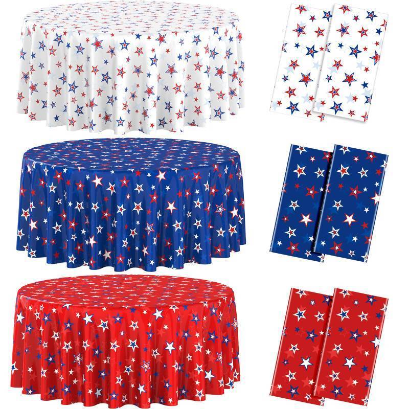 lot 13729 image: 6 Pack 4th of July Memorial Day Tablecloth Decorations, Plastic Round American Red White Blue Stars Table Cloth Patriotic Disposable Table Cover for Independence Day Party Supplies, 54x108 Inch