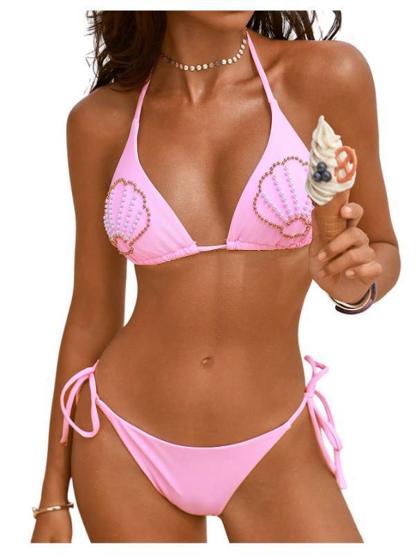 lot 13774 image: MakeMeChic Womens Triangle Bikini Sets Halter Seashell Pearls Tie Side Thong Swimsuits Pink Small