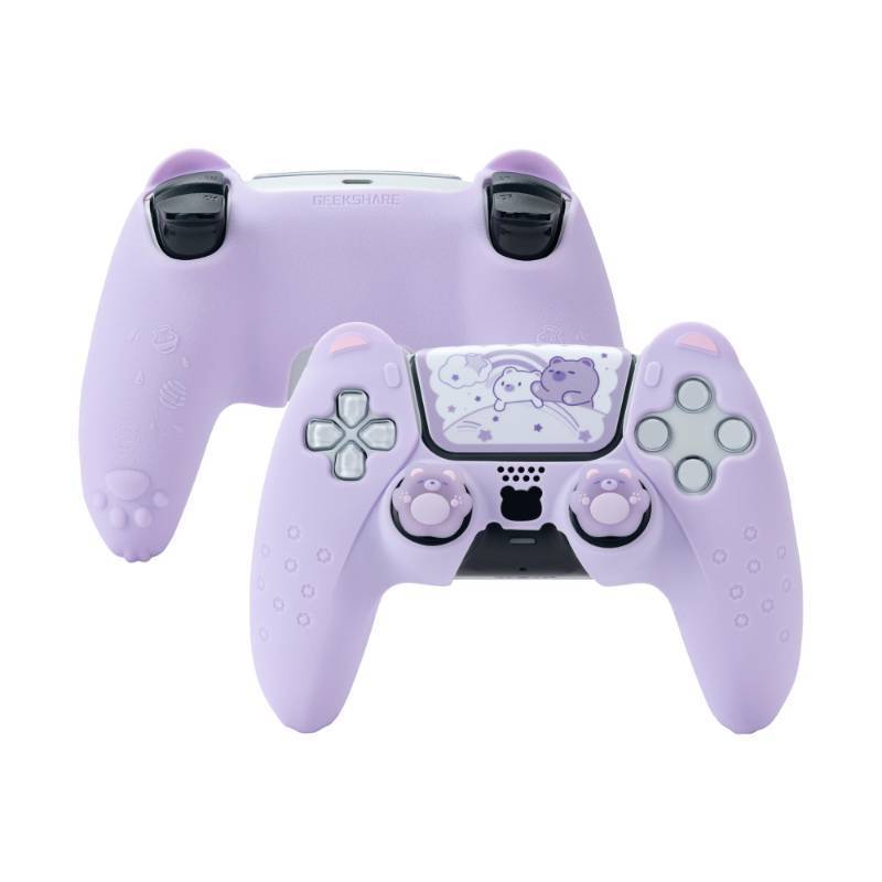 lot 1838 image: GeekShare Cute Bear PS5 Controller Skin Set,Soft Anti-Slip Silicone Protective Cover Skin Case for PS5 Wireless Controller with 2 Thumb Grip Caps and 1 Sticker -- Purple - Retail $19