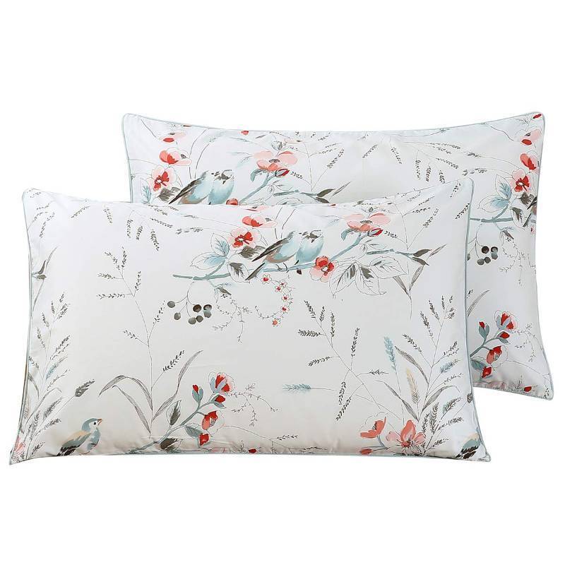 lot 13677 image: WINLIFE 100% Cotton Pillowcases Garden Floral Birds Printed on White Pillow Cases Set of 2 Pillow Cover (Queen 20x30, Birds Floral) - Retail $18