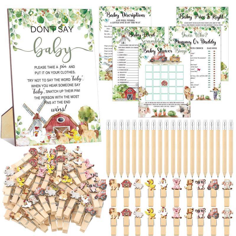 lot 1783 image: Patelai 321 Pcs Farm Birthday Decorations Farm Animals Theme Baby Shower Games Bingo Price Scramble Dont Say Who Mom Clothespin for Baby Shower Birthday Barnyard Theme Party Decorations Supplies - Retail $25
