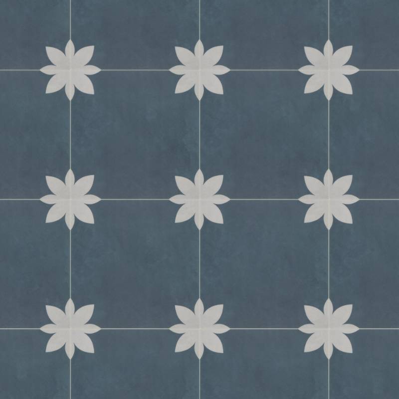 lot 62783 image: INNO STICKERS 16-Sheet Peel and Stick Floor and Wall Tile for Bathroom Kitchen, 9in x 9in Blue Flower SPC Self-Adhesive Vinyl Flooring Patterned Groutable Backsplash Tile, Covers 9.12 Sq Ft. - Retail $60