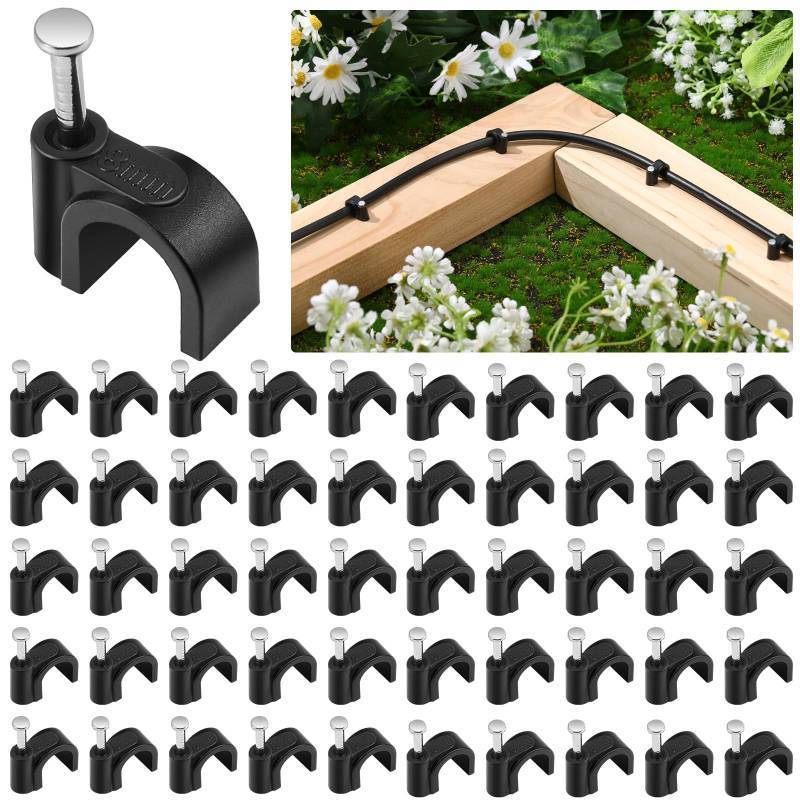 lot 7446 image: Leriton 100 Pcs Drip Irrigation 14in and 38in Tubing Mounting Clips, Firm and Easy to Install, Drip Irrigation Kit Connector, Black - Retail $18