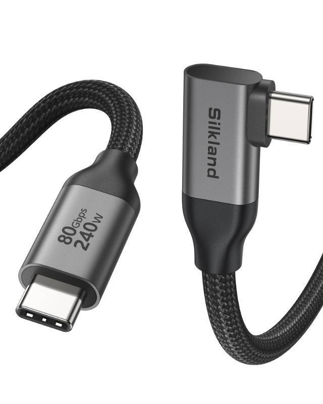 lot 7474 image: Silkland 80Gbps Right Angle USB 4 Cable for Thunderbolt 5 Cable 10FT, 120Gbps Bandwidth for 16KDual 8K, 240W, 90 Degree Braided USB C Video Cable Compatible Thunderbolt 45, MacBook M4 Pro,Dock - Retail $60