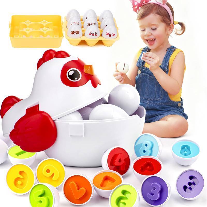 lot 7494 image: VROGTIK Easter Egg Matching Game, 24-Piece Easter Basket Stuffers for Kids, Color Shape Number Recognition Educational Toddler Toys, Chicken Storage Box Preschool Learning Toy for Boys Girls - Retail $20