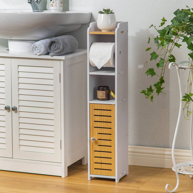 lot 5088 image: AOJEZOR Toilet Paper Holder Stand Small Bathroom Storage Cabinet for Small Roll Holder - White - Bamboo