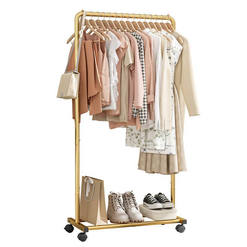 lot 24794 image: Sakugi Clothes Rack - Clothing Rack with Wheels, Multi-Functional Clothing Racks for Hanging Clothes and Shoes, Large Capacity Garment Rack for Bedroom, Living Room and Office, Gold, Medium