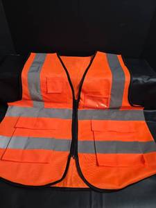 lot 142 image: High-Visibility Safety Vest Orange Reflective Stripes Multiple Pockets Size Large