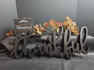 lot 172 image: Thankful Decorative Sign (23in x 10in) with Dried Flowers and Blessed Sign