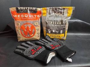 lot 177 image: Pecan and Mesquite BBQ Smoking Chips and New Grill Gloves Size Large