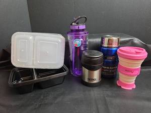 lot 182 image: Thermos Food Jars, Water Bottle, Collapsible Cup, and Lunch Containers