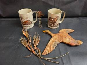 lot 184 image: Pair of Ceramic Mugs with Rural Motifs, Copper Windmill and Wheat, and Flying Duck