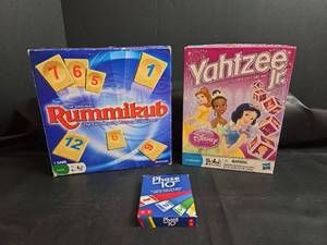 lot 191 image: Rummikub, Yahtzee Jr Disney Princess, and Phase 10 Card Game