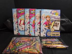 lot 197 image: New Disney Frozen and Shopkins Coloring Books with Crayons