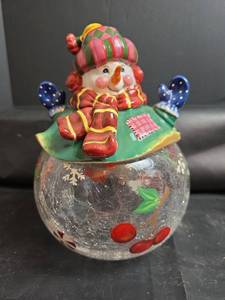 lot 200 image: Snowman Figurine Candy Dish with Crackle Glass Bowl