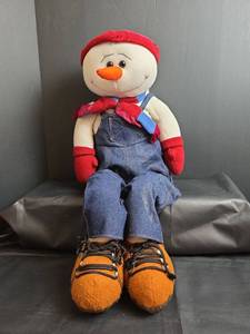 lot 202 image: Snowman Plush Doll Red Hat Denim Overalls Orange Boots