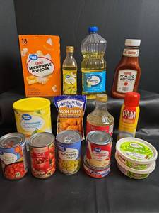 lot 221 image: Grocery Items - Microwave Popcorn, Oil, Ketchup, and Canned Goods