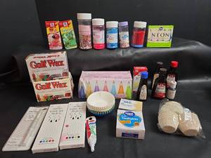 lot 224 image: Baking & Cake Decorating Supplies - Gulf Wax, Food Coloring, Markers, Bags, Sprinkles, and Flavorings