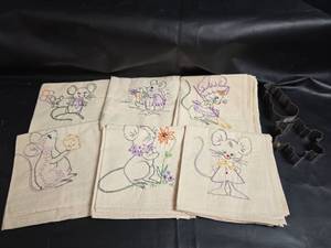 lot 246 image: Hand-Embroidered Mouse Tea Towels (6) with Cookie Cutters