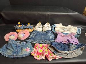 lot 260 image: Build A Bear Clothing Lot 10 Pieces - Jean Skirts, Shoes, Slippers, and Shirts