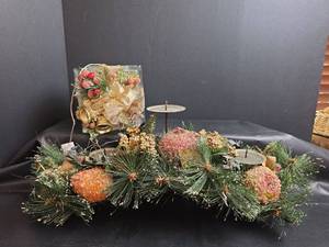 lot 261 image: Holiday Floral Centerpiece with Candle Holders and Decorative Arrangement