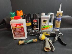 lot 264 image: Household Chemicals & Tools Lot Root Killer, Insect Repellent, Adhesive, Silicone, CLR, Hand Tools